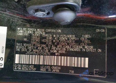 2007 Toyota Land Cruiser z USA, uszkodzony, nr VIN JTEHT05J272104270